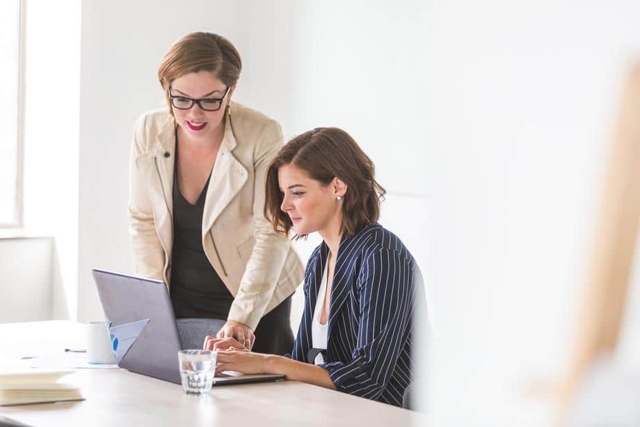 Two businesswomen working together on a project.
